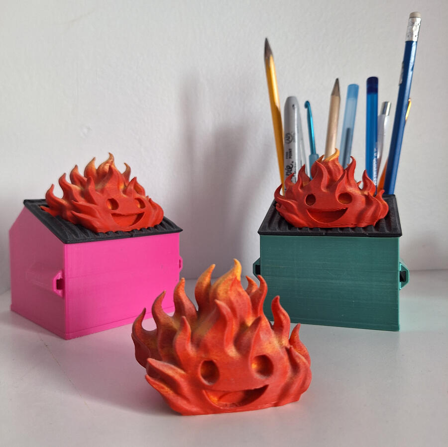 Porte-crayon – benne à ordures en feu - vibe everything is fine